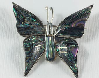 Mexican Sterling Silver and Abalone Butterfly pin, Signed Insect Pin from Mexico