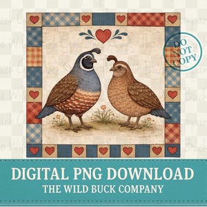 Op de afbeelding: Digitale PNG-download met twee kwartels die tegenover elkaar staan, tegen een achtergrond van een patroonrand met harten. De vogels hebben bruine en blauwe veren. De tekst "DIGITAL PNG DOWNLOAD" en "THE WILD BUCK COMPANY" staat onderaan.