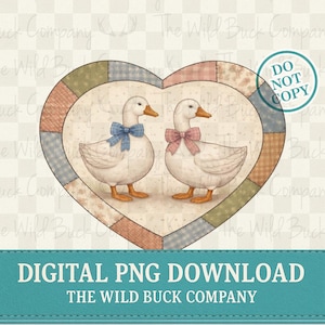 Op de afbeelding: Digitale PNG-download met twee witte eenden met oranje snavels en poten, elk met een strik. Ze staan in een hartvormige lijst met een patchwork-ontwerp. De tekst "DIGITAL PNG DOWNLOAD" staat onderaan.