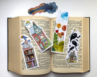 Bookmark, Whale Shark, Ghosts, Victorian, Black Cat, Books, Reading, Watercolour Bookmark, Book Art, Autumn, Trees, Moon, Rainbow, House