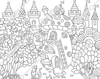 Coloring Pages For Adults Fairy Tale Town Fairytale Castle Fantasy House City Cat Colouring Page Book Instant Download Print