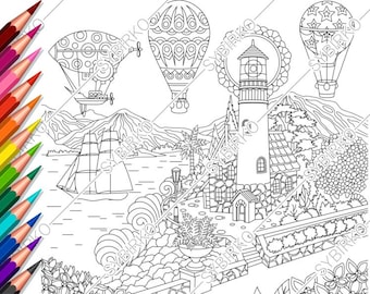 Beach House Printable Adult Coloring Page from Favoreads | Etsy