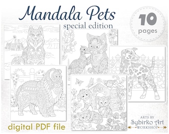 Cute lovely pets coloring pages. Coloring book for adults and kids. Mandala coloring bundle. Printable PDF coloring book. Instant Download.