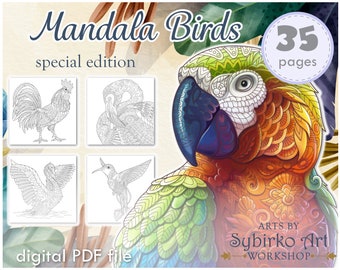 Wild & farm birds coloring pages. Coloring book for adults and kids. Mandala coloring bundle. Printable PDF coloring book. Instant Download.