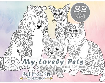 Cute CATS & DOGS coloring pages. Coloring book for adults and kids. Mandala coloring bundle. Printable PDF coloring book. Instant Download.