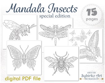 Insects coloring pages. Coloring book for adults and kids. Spring mandala coloring bundle. Printable PDF coloring book. Instant Download.