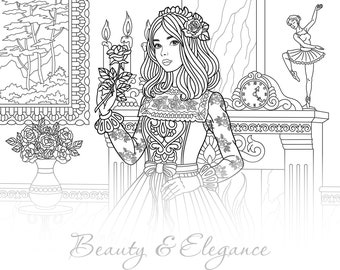 Beautiful lady coloring book. Coloring pages for girls. Adult coloring page, coloring bundle. Printable PDF coloring book. Instant Download.