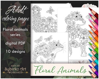 Floral animals coloring pages. Animal coloring book for adults and kids. Coloring bundle. Printable PDF coloring book. Instant Download.
