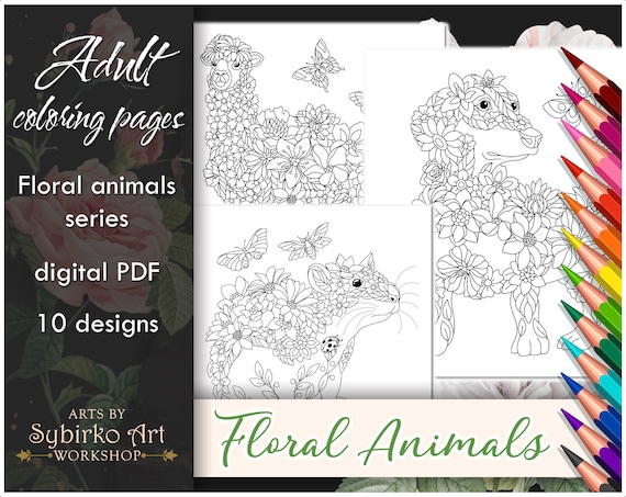 Floral Animals Coloring Pages. Animal Coloring Book for Adults and Kids.  Coloring Bundle. Printable PDF Coloring Book. Instant Download. 