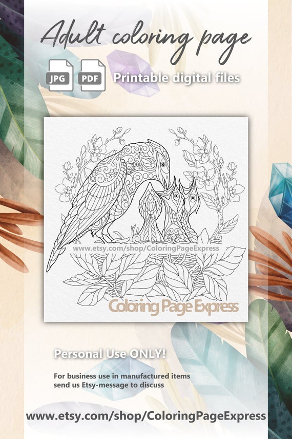 bird coloring page spring flower floral mother baby etsy