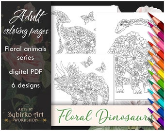 Floral dinosaurs coloring pages. Dinosaur coloring book for adults and kids. Coloring bundle. Printable PDF coloring book. Instant Download.