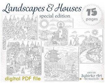 Landscapes & Houses coloring pages. Coloring book for adults or kids. Fantasy coloring bundle. Printable PDF coloring book. Instant Download