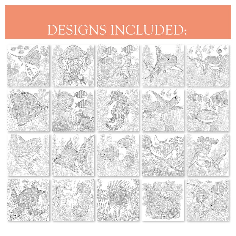Sea Ocean Animals Coloring Pages. Coloring Book for Adults and Kids ...