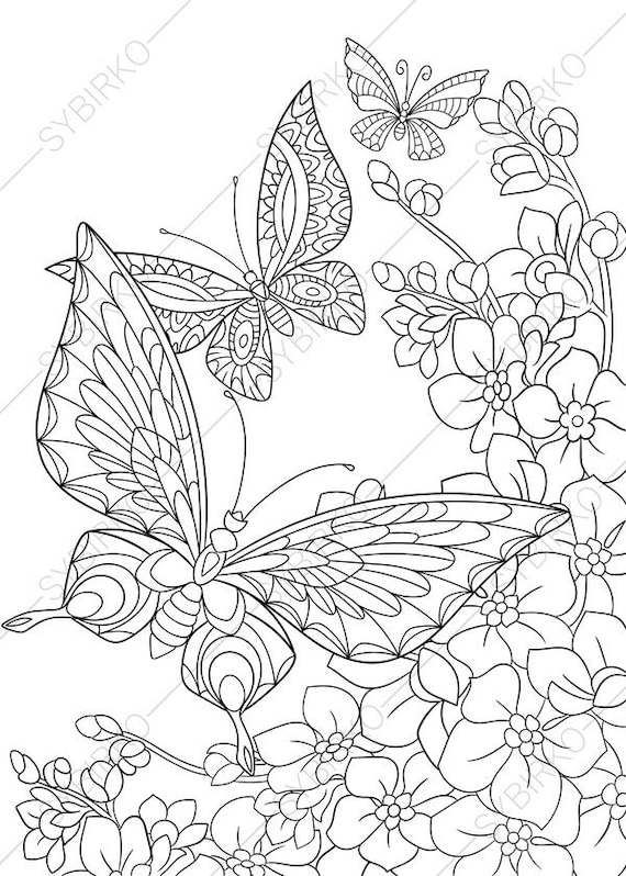 Butterfly and Spring Flowers. 3 Coloring Pages. Animal | Etsy