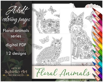 Floral animals coloring pages. Animal coloring book for adults and kids. Coloring bundle. Printable PDF coloring book. Instant Download.