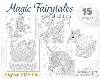 Magic fairy tale coloring pages. Coloring book for adults and kids. Fantasy coloring bundle. Printable PDF coloring book. Instant Download.