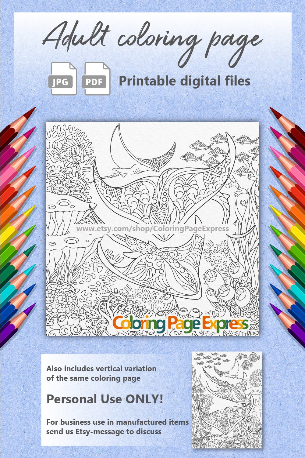 Manta Ray Coloring Page Adult Coloring Page Coloring Page Etsy