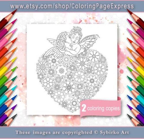 Sale Coloring Page For Adults Digital Coloring Page Flower Floral Love Heart Baby Angel Printable Valentines Day Card Instant Download