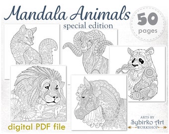 Mandala animals coloring pages. Coloring book for adults and kids. Mandala coloring bundle. Printable PDF coloring book. Instant Download.