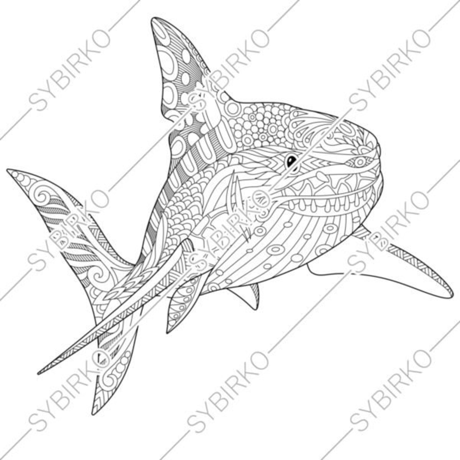 Coloring pages for adults. Shark. Adult coloring pages. Sea | Etsy
