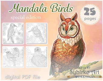 Wildlife birds coloring pages. Coloring book for adults and kids. Mandala coloring bundle. Printable PDF coloring book. Instant Download.