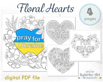 Floral hearts coloring pages. Coloring book for adults and kids. Peace coloring bundle. Printable PDF coloring book. Instant Download.