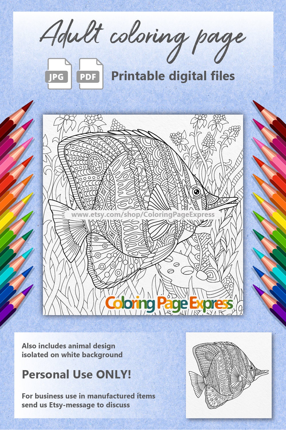 Fish Coloring Page Adult Coloring Page Coloring Page For Etsy