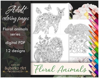 Floral animals coloring pages. Animal coloring book for adults and kids. Coloring bundle. Printable PDF coloring book. Instant Download.