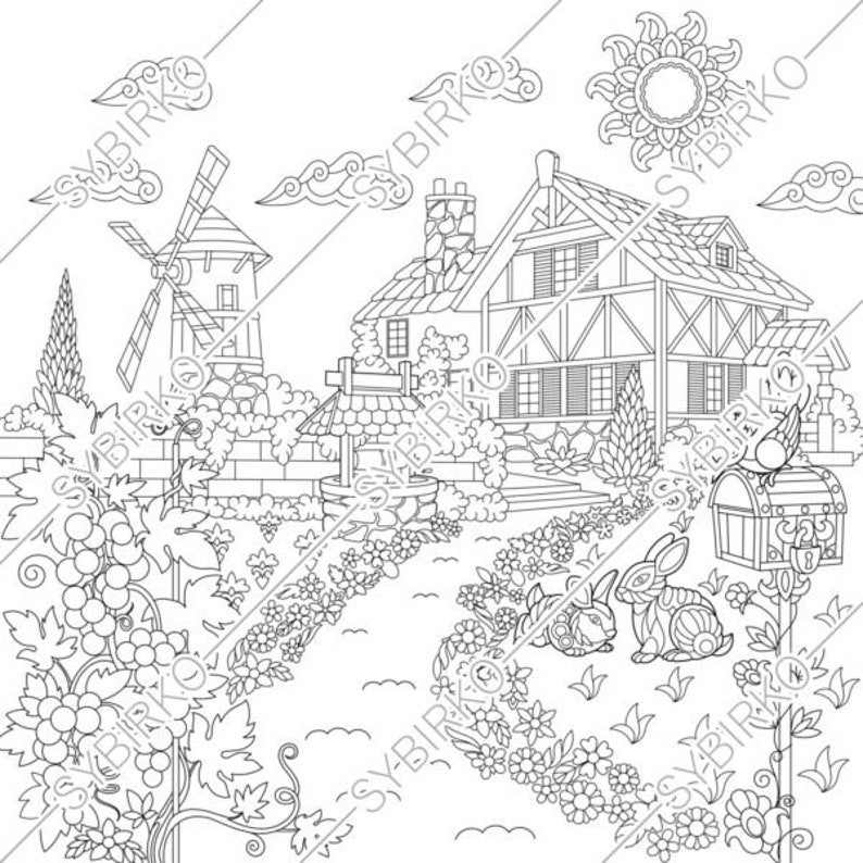 Coloring pages for adults. Rural countryside farm mansion | Etsy
