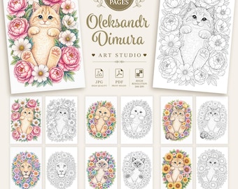 Floral cat and lion coloring pages. Cats coloring book for adults and kids. Coloring bundle. Printable PDF coloring book. Instant Download.