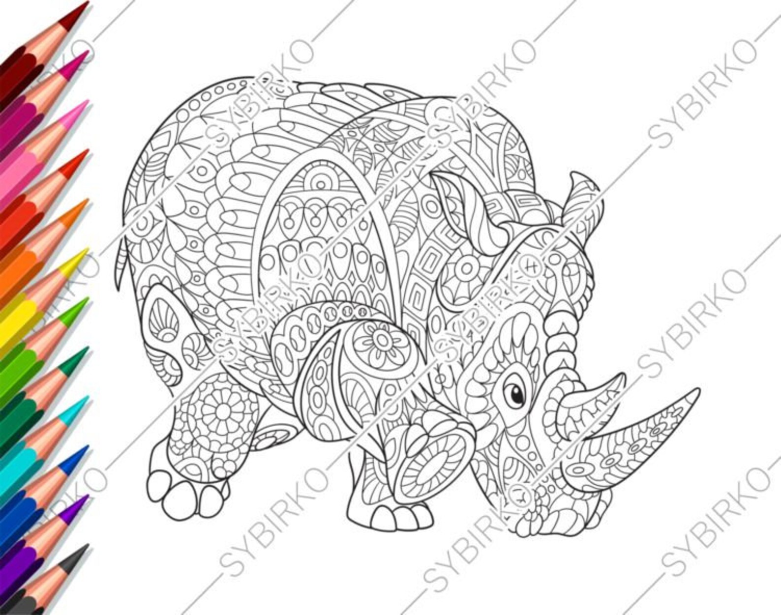 Coloring pages for adults. Rhino. Rhinoceros. Adult coloring | Etsy