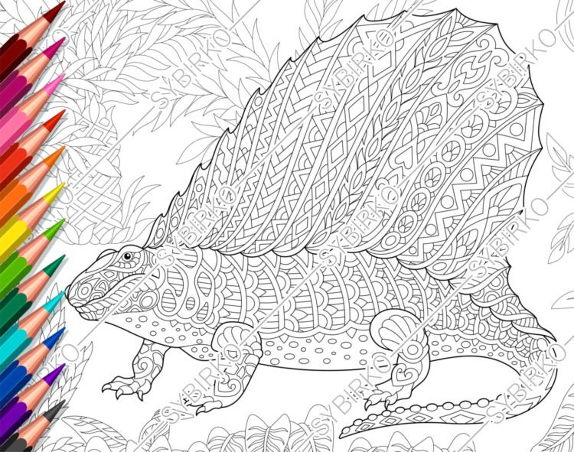 Coloring pages for adults. Dimetrodon Dinosaur. Adult coloring | Etsy