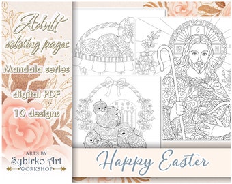 Happy Easter coloring pages. Coloring book for adults and kids. Mandala coloring bundle. Printable PDF coloring book. Instant Download.
