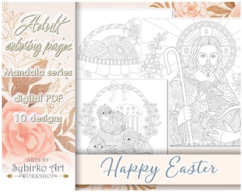 Happy Easter coloring pages. Coloring book for adults and kids. Mandala coloring bundle. Printable PDF coloring book. Instant Download.