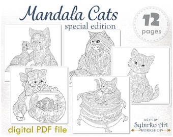 Cute lovely cats coloring pages. Coloring book for adults and kids. Mandala coloring bundle. Printable PDF coloring book. Instant Download.