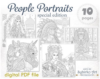 People portraits coloring pages. Coloring book for adults and kids. Mandala coloring bundle. Printable PDF coloring book. Instant Download.