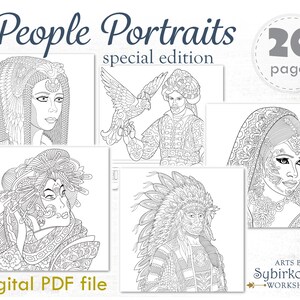 People portraits coloring pages. Coloring book for adults and kids. Mandala coloring bundle. Printable PDF coloring book. Instant Download.