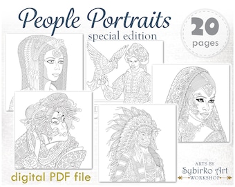 People portraits coloring pages. Coloring book for adults and kids. Mandala coloring bundle. Printable PDF coloring book. Instant Download.