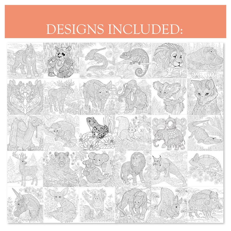Wildlife animals coloring pages. Coloring book for adults and kids. Mandala coloring bundle. Printable PDF coloring book. Instant Download. image 3