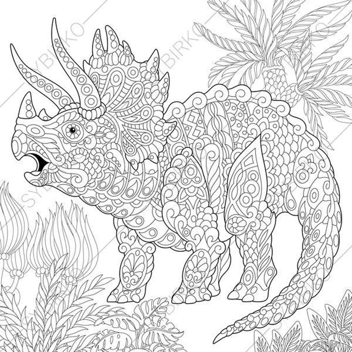 Coloring Pages for adults. Triceratops Dinosaur. Dino Etsy