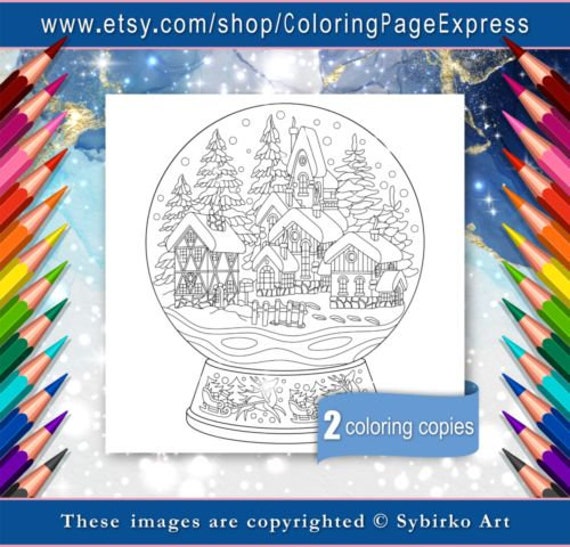 Coloring Page for Adults. Digital Coloring Page. Snow Globe