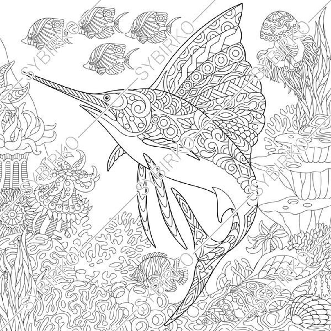 Coloring pages for adults. Ocean world. Sailfish. Fish. | Etsy