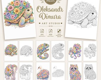 Floral animals coloring pages. Sea animals coloring book for adults and kids. Coloring bundle. PrintablePDF coloring book. Instant Download.