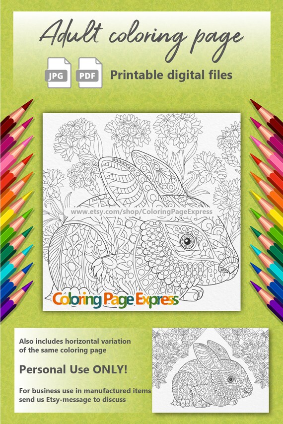 Cute Bunny Coloring Page Adult Coloring Page Coloring Page Etsy