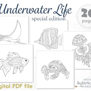Sea ocean fishes coloring pages. Coloring book for adults and kids. Mandala coloring bundle. Printable PDF coloring book. Instant Download.