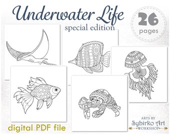 Sea ocean fishes coloring pages. Coloring book for adults and kids. Mandala coloring bundle. Printable PDF coloring book. Instant Download.