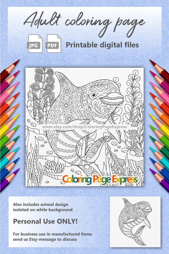 Download Dolphin Coloring Page Adult Coloring Page Coloring Page For Etsy