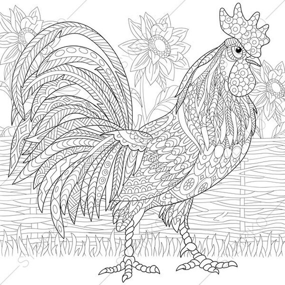 Rooster. 2 Coloring Pages. Animal coloring book pages for | Etsy
