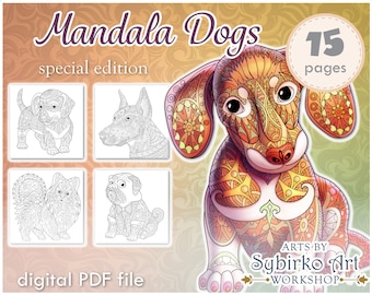 Cute lovely dogs coloring pages. Coloring book for adults and kids. Mandala coloring bundle. Printable PDF coloring book. Instant Download.