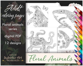 Floral animals coloring pages. Animal coloring book for adults and kids. Coloring bundle. Printable PDF coloring book. Instant Download.